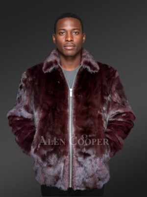 Mens Burgundy Mink Bomber – Deluxe Statement Piece for Wintertime Events