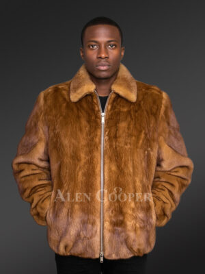 Mens Full Skin Mink Bomber Jacket in Whisky Gold - A Radiant Comforter