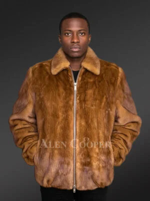 Mens Full Skin Mink Bomber Jacket in Whisky Gold - A Radiant Comforter