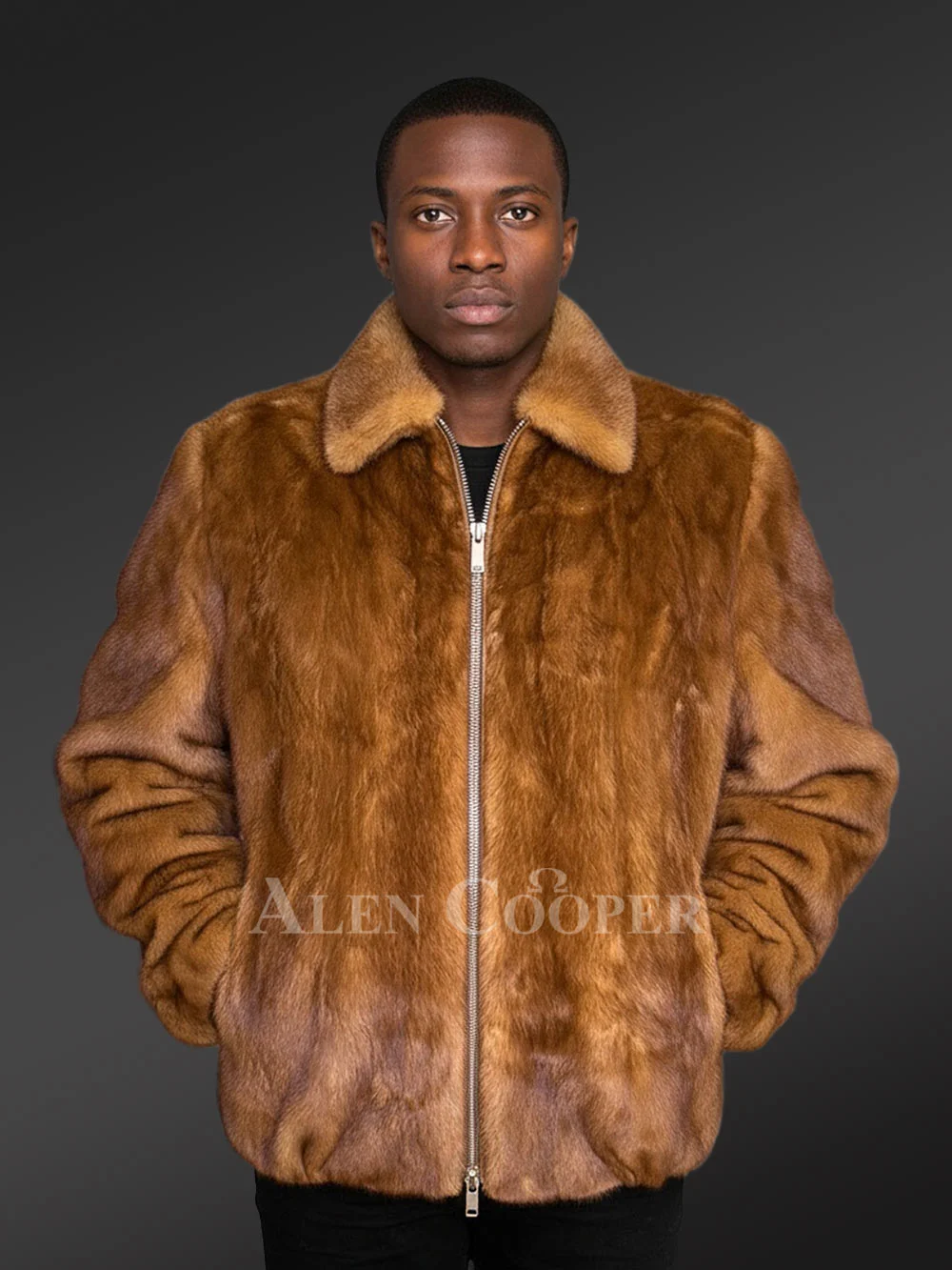 Mens Full Skin Mink Bomber Jacket in Whisky Gold