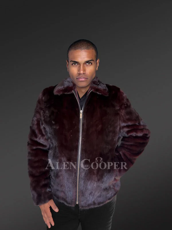 Mens Burgundy Mink Bomber – Deluxe Statement Piece for Wintertime Events - Image 3