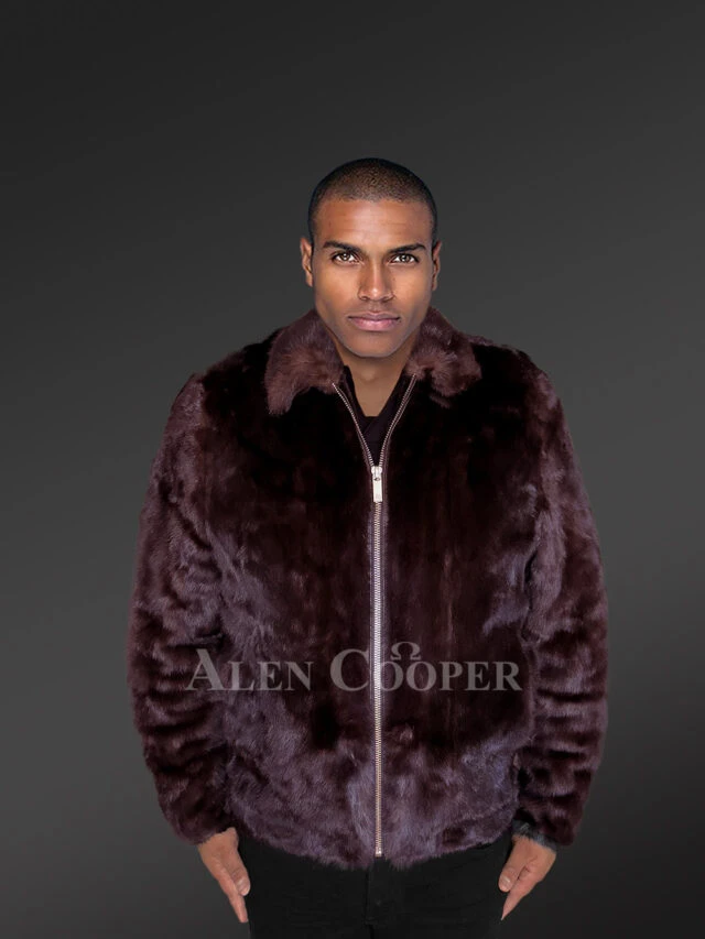 Mens Burgundy Mink Bomber – Deluxe Statement Piece for Wintertime Events
