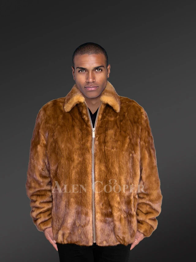 Mens Full Skin Mink Bomber Jacket in Whisky Gold - A Radiant Comforter