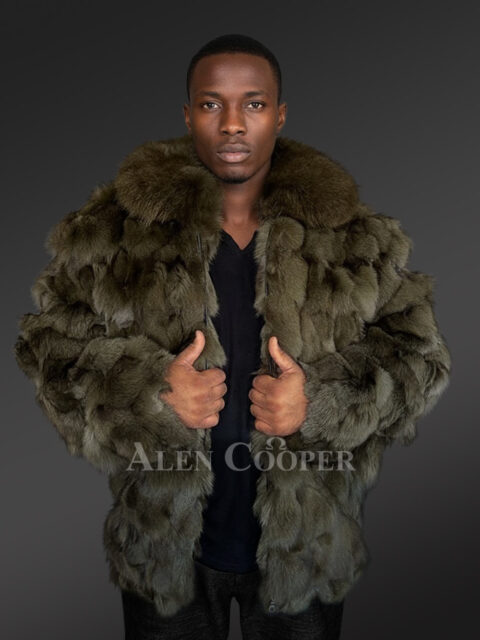 Mens Olive Green Bomber of Fox Fur
