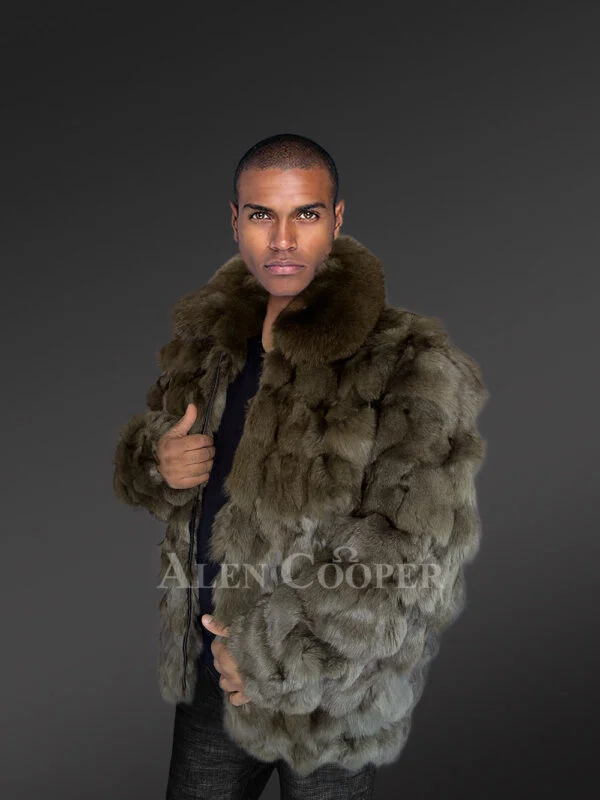Mens Olive Green Bomber of Fox Fur – Spectacular Outfit for Grand Events - Image 5
