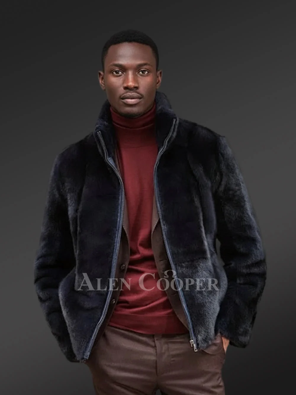 ジャケット・アウター FAUX FUR HOODED HWC ZIP HOODIE NAVY Mink Fur Navy Blue Jacket for Men