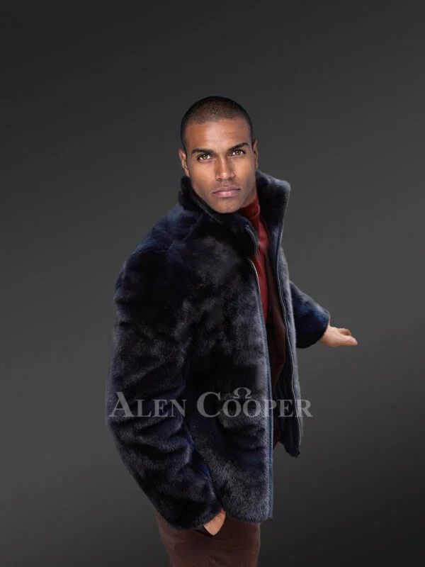 Mink Fur Navy Blue Jacket for Men – Instantly Radiating Comfort - Image 2
