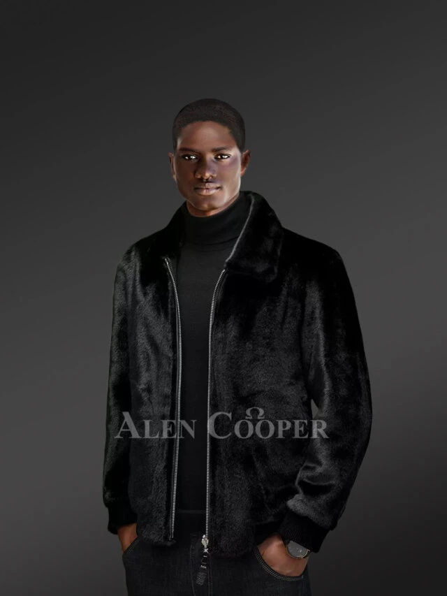 mens black mink bomber jacket