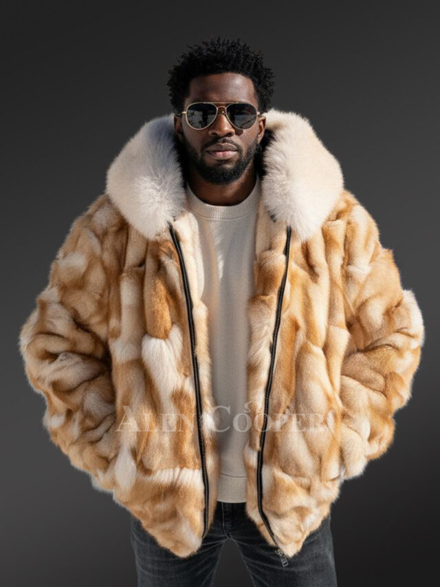 Mens Golden Fox Fur Bomber Jacket for an Exquisite Presence