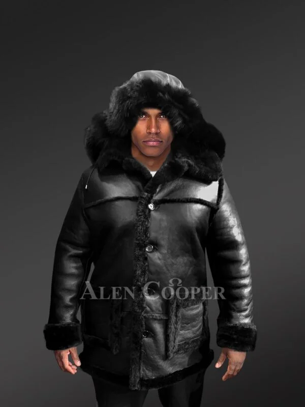 Mens Black Shearling Coat with Hood – Exceptional Warmth & Exquisite Looks - Image 2