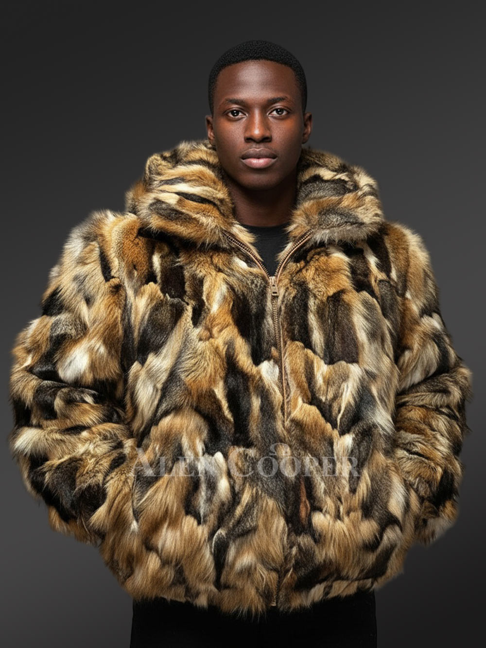 Men’s Grey Fox Fur Bomber with Hood