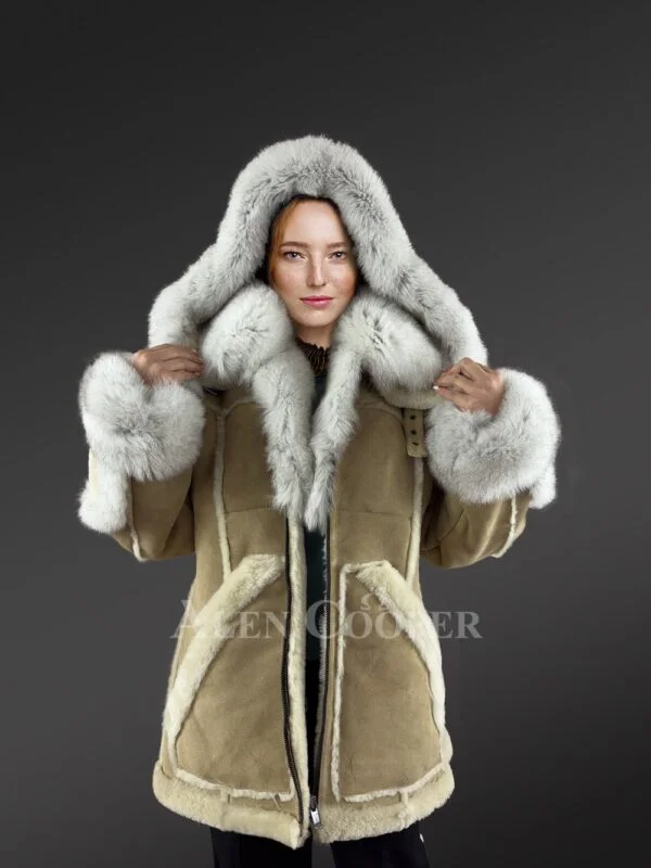 Womens Shearling Jacket with Fox Fur Accent and Detachable Hood - Image 2