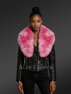 Black Leather Jacket with Fox Fur Collar in Fuchsia – Luxurious Look & Feel
