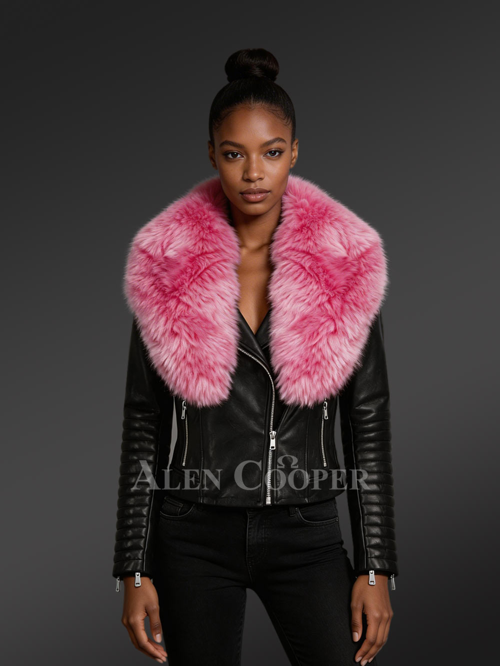Black Leather Jacket with Fox Fur Collar in Fuchsia – Luxurious Look & Feel