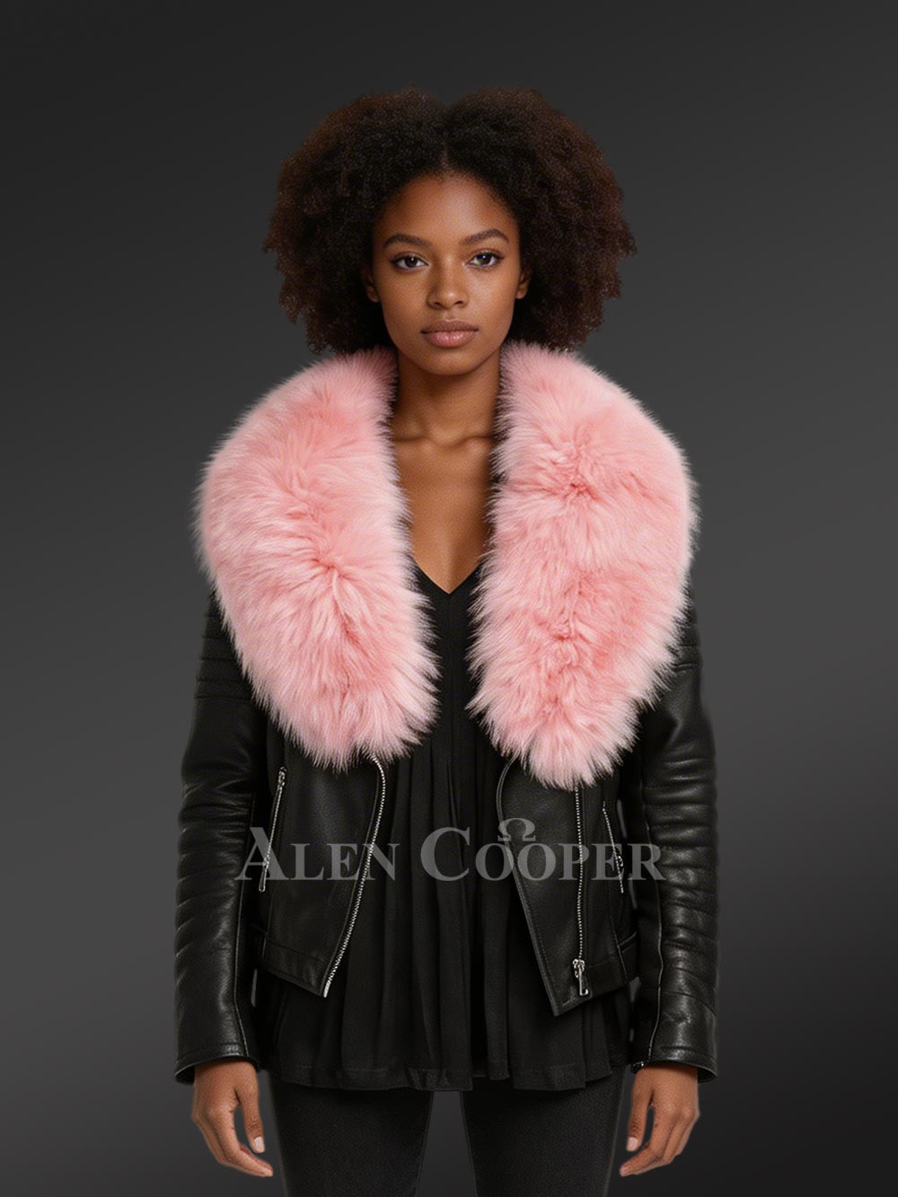Leather Biker Jacket with Fox Fur Lapel - Adorning Women in Snug Warmth