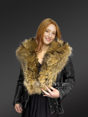 Womens leather biker jacket with fur collar