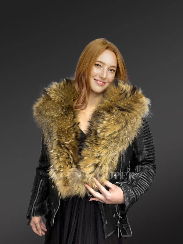 Womens leather biker jacket with fur collar