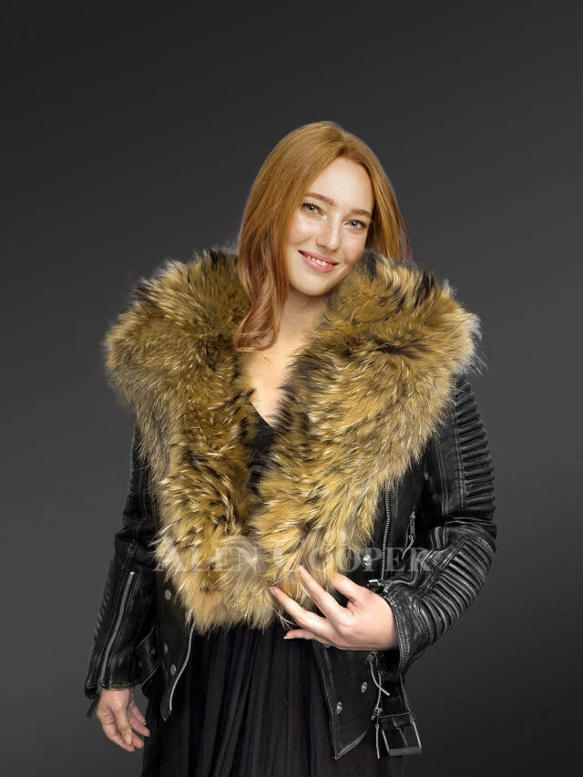 Womens leather biker jacket with fur collar