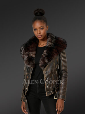 Vintage Finish Leather Biker jacket with Fox Collar