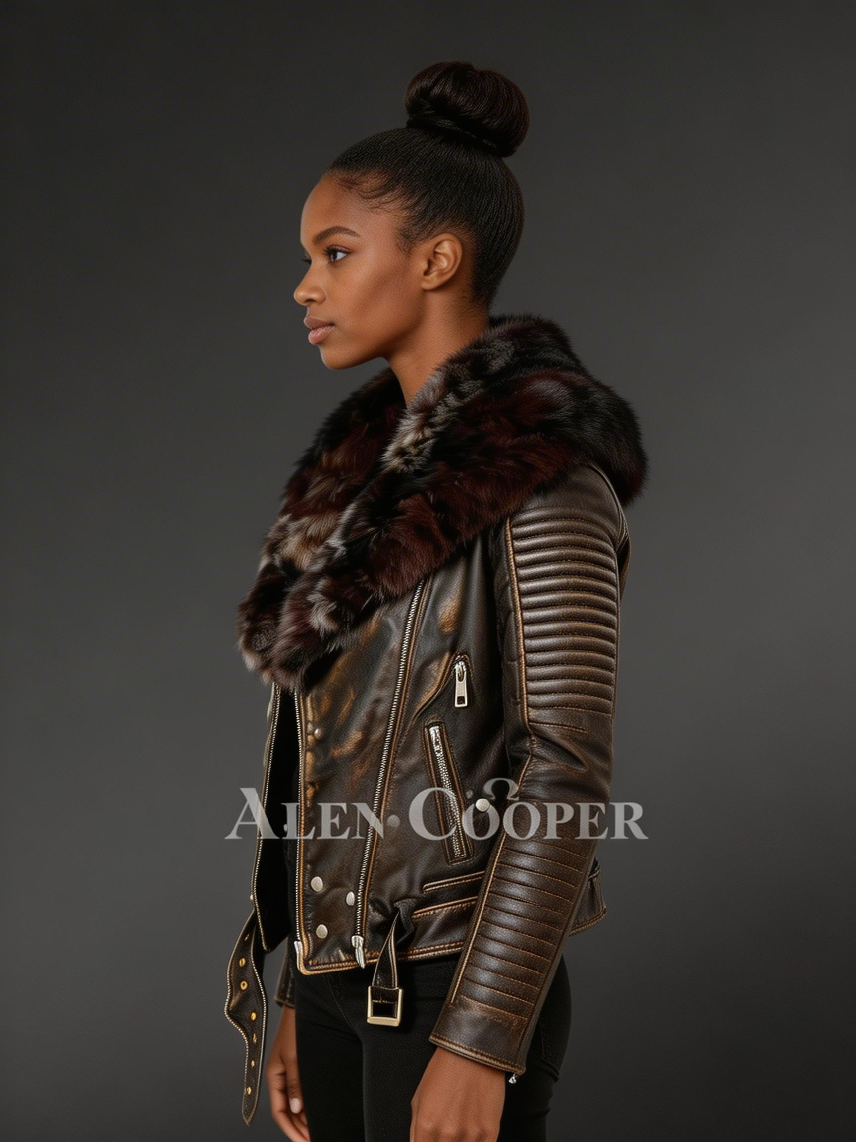 Vintage Finish Leather Biker jacket with Fox Collar - Image 3