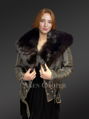 Leather Biker Jacket with Fox Collar - Warmly Radiates Vintage Finish