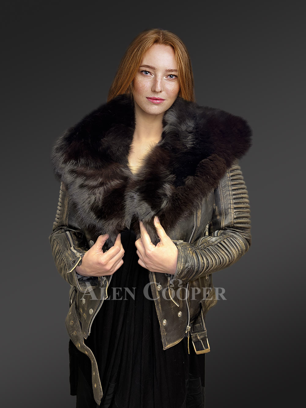 Leather Biker Jacket with Fox Collar - Warmly Radiates Vintage Finish