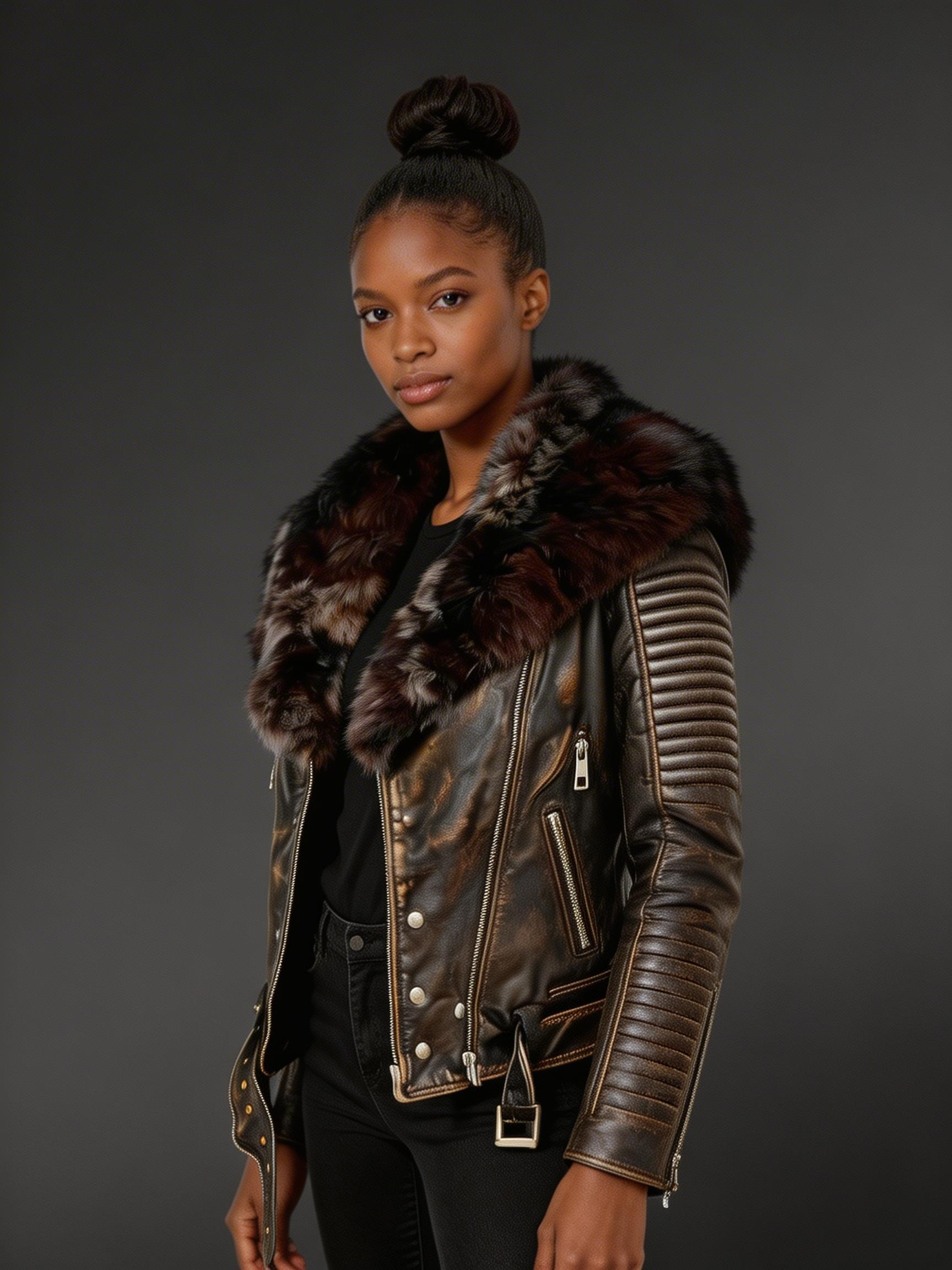 Vintage Finish Leather Biker jacket with Fox Collar - Image 2