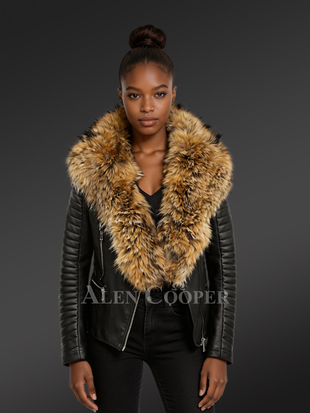 Womens Leather Biker Jacket with Fur Collar – Versatile Outfit for Many Occasions