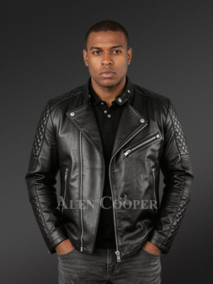 Mens Black Leather Biker Jacket with Quilted Details – Perfect Fusion of Fashion& Function