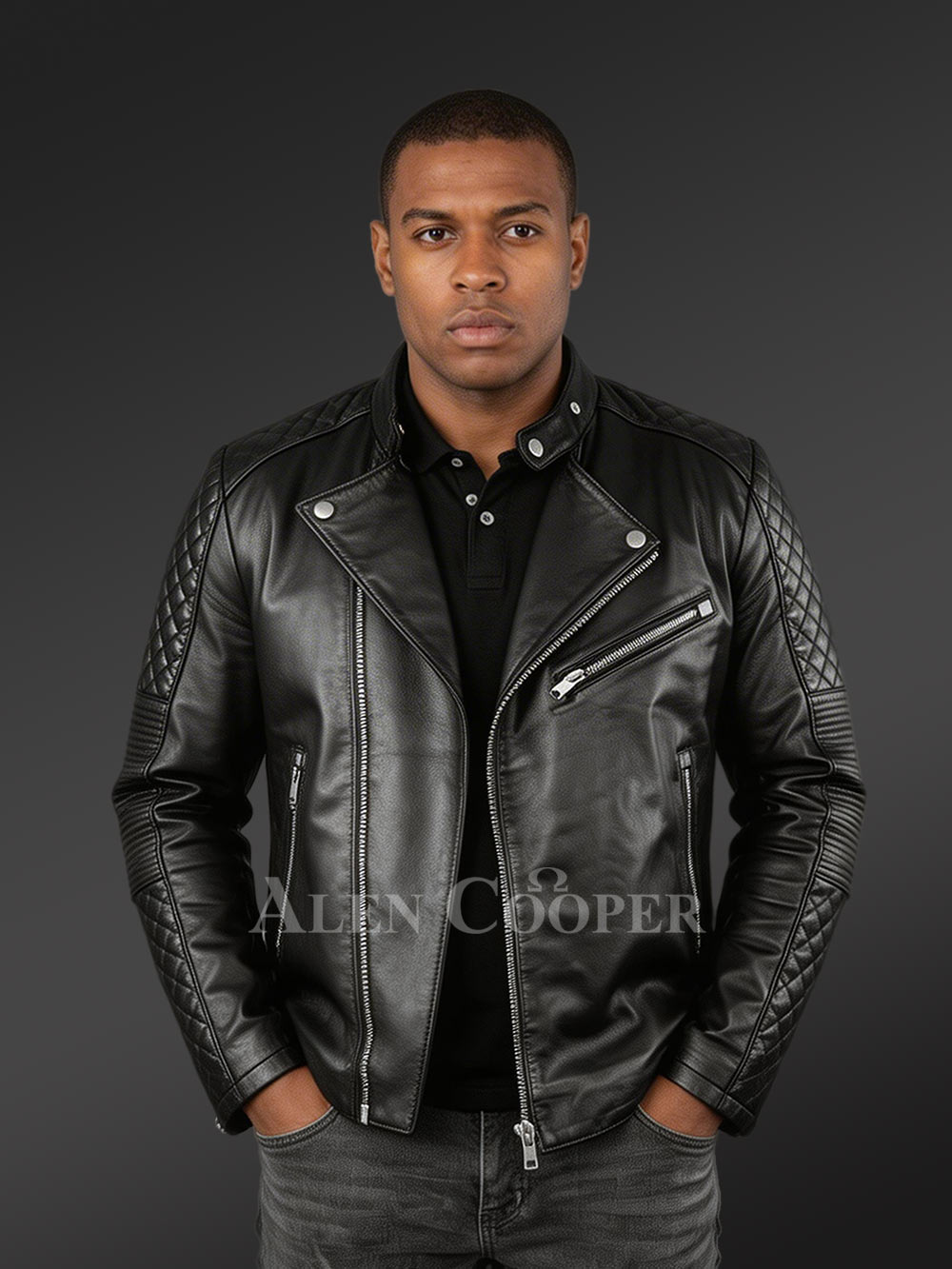 Mens Black Leather Biker Jacket with Quilted Details – Perfect Fusion of Fashion& Function