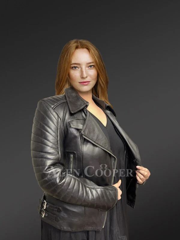 Womens Black Lambskin Leather Biker Jacket – High-Fashion Looks with a Plush Feel - Image 5