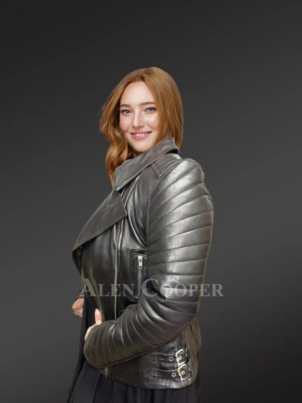 Womens Black Lambskin Leather Biker Jacket – High-Fashion Looks with a Plush Feel - Image 3