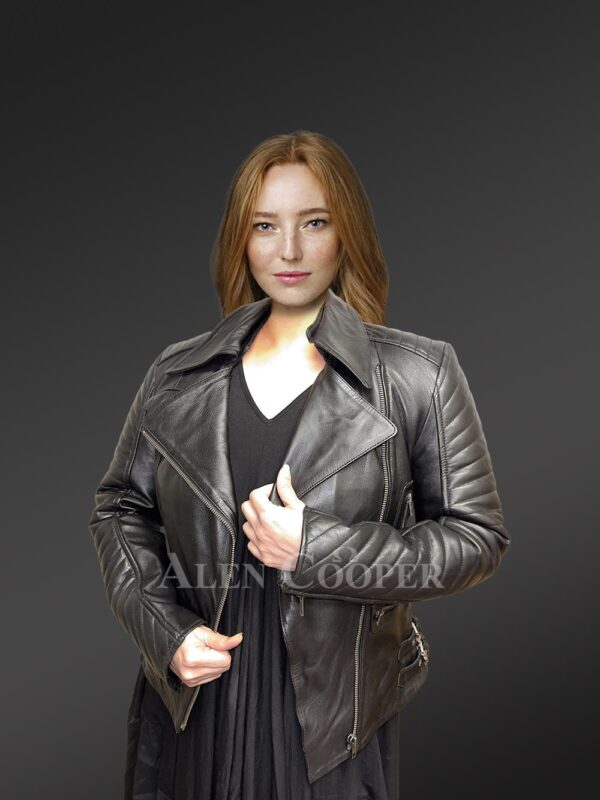 Womens Black Lambskin Leather Biker Jacket