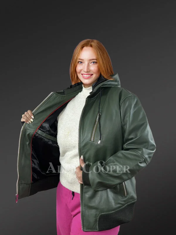Womens Hooded Leather Bomber Jacket – Crafted with Snug Warmth - Image 3