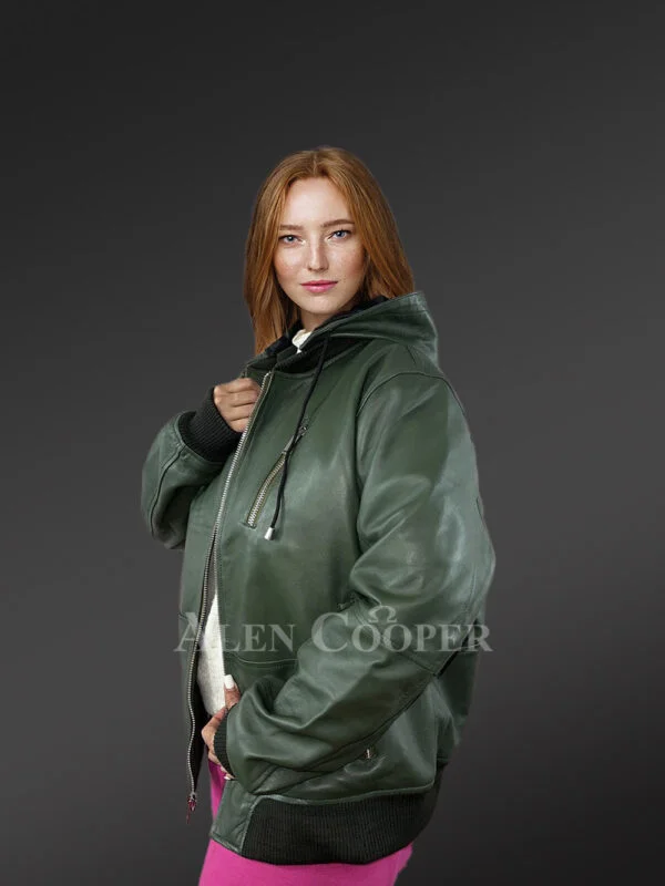 Womens Hooded Leather Bomber Jacket – Crafted with Snug Warmth - Image 4