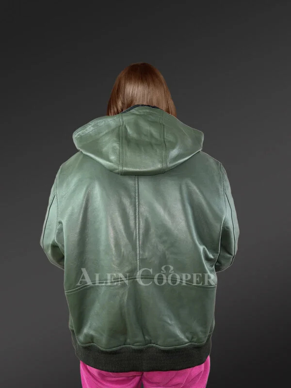 Womens Hooded Leather Bomber Jacket – Crafted with Snug Warmth - Image 5