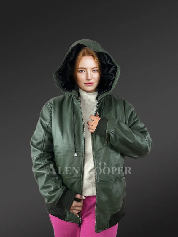 Womens Hooded Leather Bomber Jacket – Crafted with Snug Warmth - Image 2