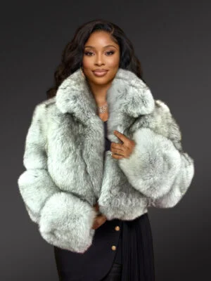 ジャケット・アウター MUGUET duffle short fur coat GRAY Womens Short Jacket of Blue Fox Fur
