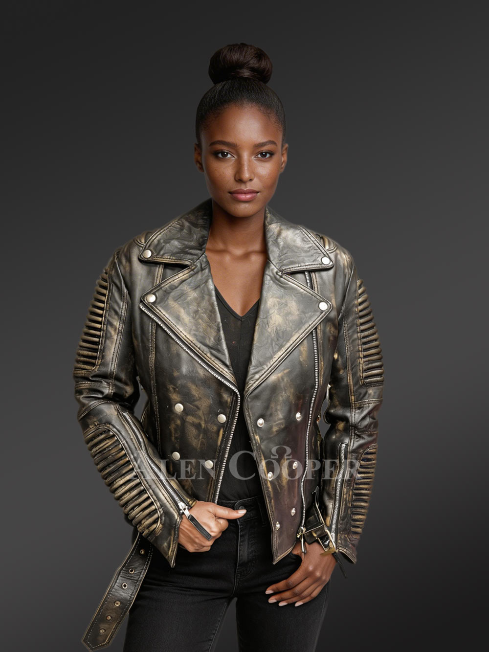 Women’s Vintage Leather Biker Jacket with Belt