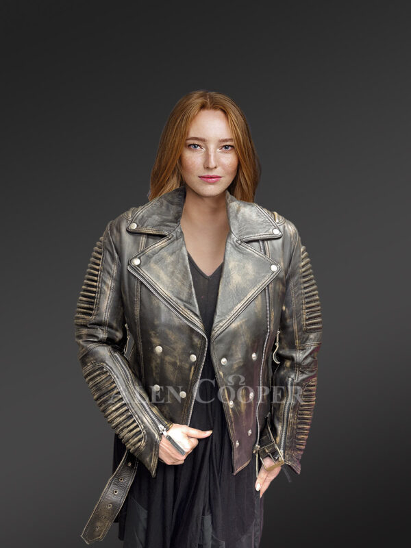 Women’s Vintage Leather Biker Jacket with Belt