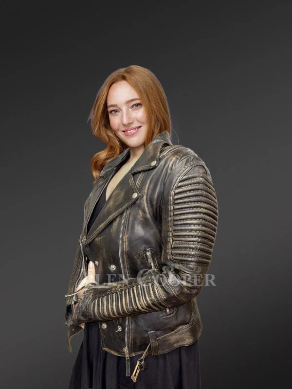 Women’s Vintage Leather Biker Jacket with Belt - Image 3