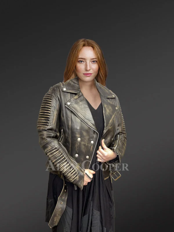 Women’s Vintage Leather Biker Jacket with Belt - Image 2