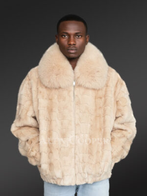 Mens Beige Mink Fur Bomber Jacket – Brace the Chills of Winter in Elegance