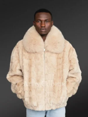 Mens Beige Mink Fur Bomber Jacket – Brace the Chills of Winter in Elegance