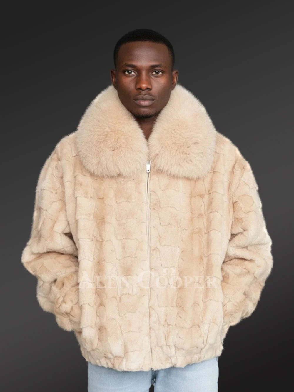 Mens Beige Mink Fur Bomber Jacket – Brace the Chills of Winter in Elegance