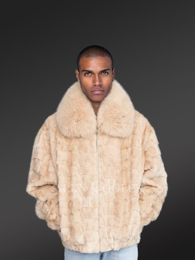 Mens Beige Mink Fur Bomber Jacket