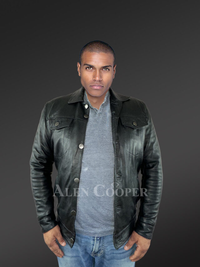 Men’s Button Down Italian Finish Leather Jacket in Black