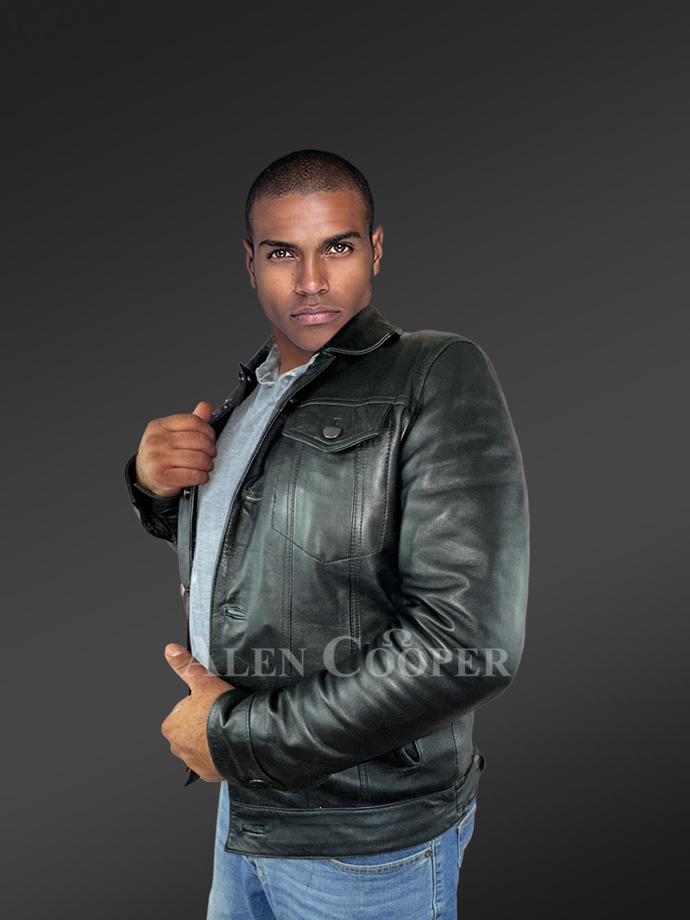 Men’s Button Down Italian Finish Leather Jacket in Black - Image 5