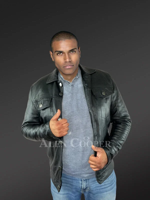 Men’s Button Down Italian Finish Leather Jacket in Black - Image 3