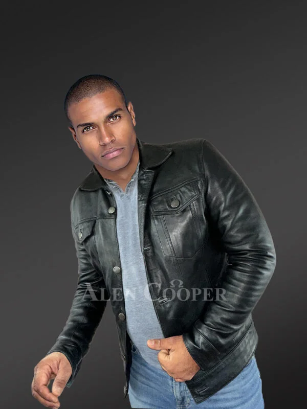 Men’s Button Down Italian Finish Leather Jacket in Black - Image 4